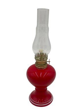 Vintage Red Glass Oil Lamp Brass Burner & Clear Chimney 10 Inches Tall